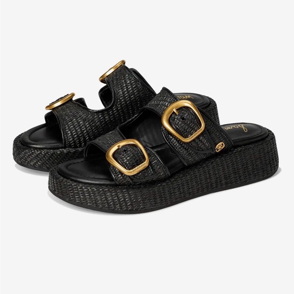NWT Sam Edelman Black Nerissa Woven Platform Slide with Gold Buckles - Picture 2 of 9